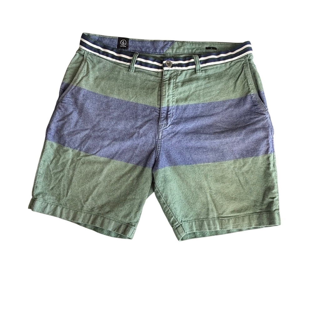 Volcom Mens Chino Shorts Size 38 Green Blue Colorblock Striped Twill Skate Surf